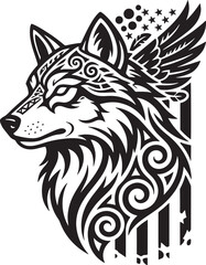 Fototapeta premium Tribal Wolf Head with American Flag Wings Silhouette Vector Illustration