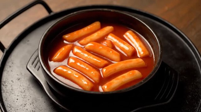 Spicy Korean Rice Cakes in Rich Red Sauce Served in a Black Pot on a Dark Tray, a Delicious Comfort Food Dish Ready to Savor
