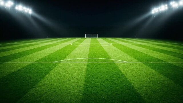 A brightly lit, empty soccer field at night, illuminated by stadium lights