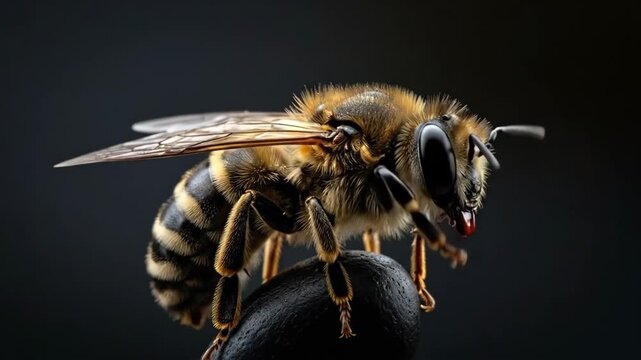 Close-up view of a bee in flight with detailed body structure and vibrant colors