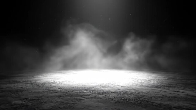 A dark, smoky atmosphere with a ghostly light illuminating the ground.