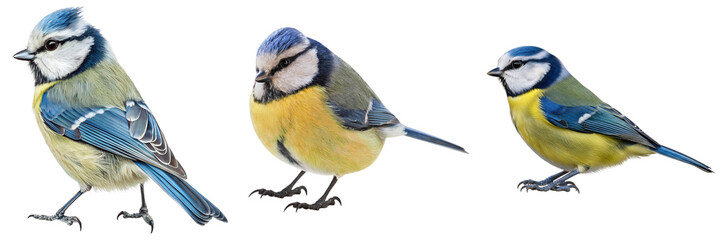 a series of vibrant, realistic photographs featuring small eurasian blue tits perching, captured against a clean background, perfect for wildlife, nature, and avian studies. © Gogu
