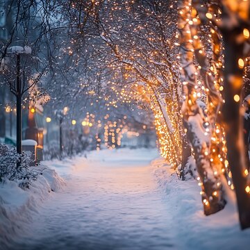Snow covered path with trees decorated with warm fairy lights winter photo