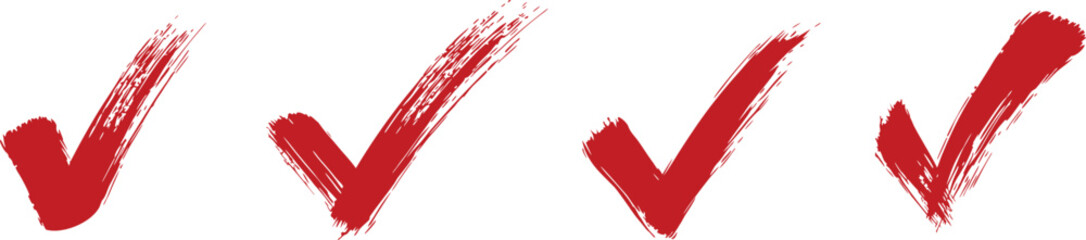 Red check mark brush strokes set with hand painted texture. Expressive tick symbols for approval, checklist, or validation designs. Grunge paint checkmark collection isolated. © Sk