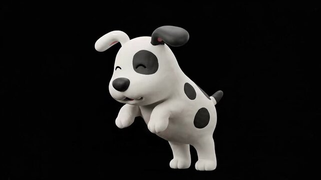 High-quality 3D animation of a cute dalmation dog character jumping and playing on a black background. Playful clay render for pet care, veterinary, childhood, and friendly animal mascot concepts.