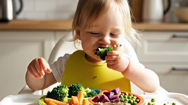Happy toddler enjoying a healthy and nutritious meal of fresh vegetables