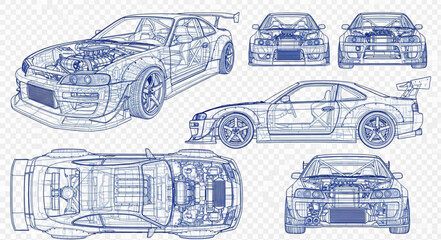 Technical Drawing of Sports Car Design. © Meii