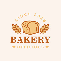 Vintage bakery logo with bread loaf and wheat illustration in warm brown tones.