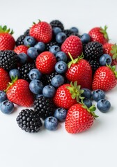 Fototapeta premium Abundant harvest of assorted colorful summer berries, including deep red strawberries and blue blueberries, displayed on a clean white surface, clean, contrast, sweet