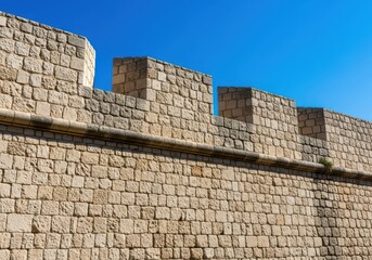 Ancient rough textured limestone wall forming a defensive battlement of a rugged Mediterranean fortress under bright sunlight, landmark, fortress, weathered