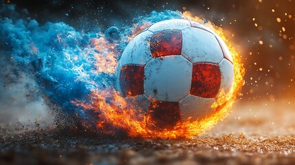 Fototapeta premium Soccer ball engulfed in fire and blue ice on a textured ground football flames photo