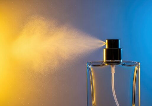 Close-up shot of a transparent glass perfume bottle with a fine plume of aromatic mist being dispensed from the metallic nozzle, clear, product, care