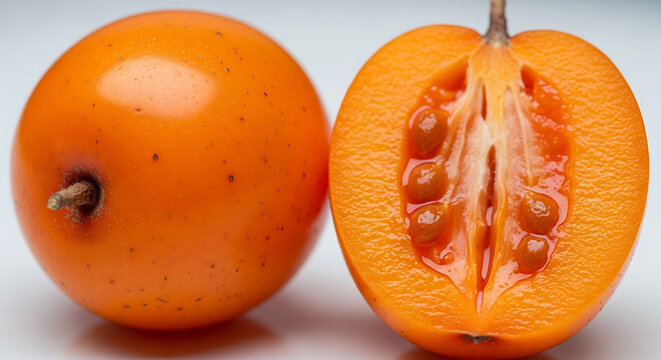 Sea buckthorn whole fruit beside half cut displaying bright orange pulp and juicy texture