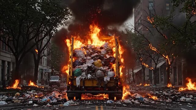 A burning refuse truck, engulfed in flames, surrounded by street fires and debris in a city