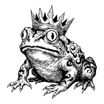 black and white hand drawn illustration of a frog king vector