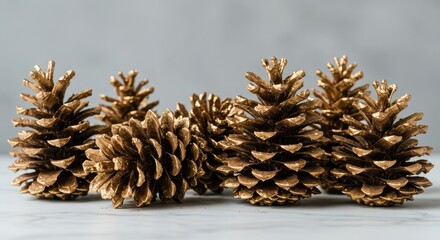 Fototapeta premium Sparkling gold painted pinecones displayed as elegant winter holiday crafts creating a beautiful Christmas aesthetic, centerpiece, beautiful, Christmas