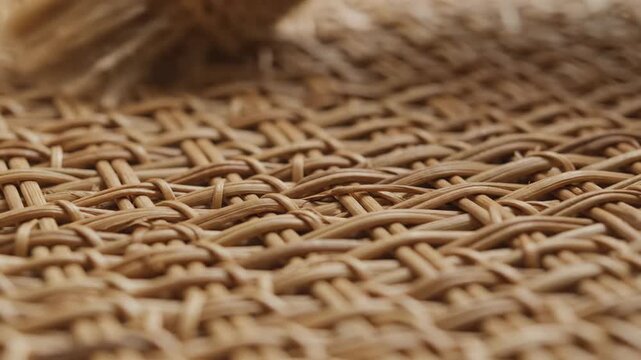 Close-up of natural woven wicker texture with frayed brush