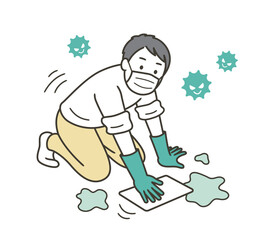 床を雑巾で拭くゴム手袋をつけた男性のイラスト