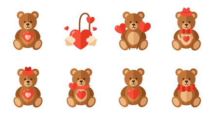 Fototapeta premium A delightful collection of flat design teddy bears and hearts, symbolizing love, affection, and romance, perfect for Valentine's Day, anniversaries, and sweet gestures