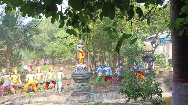 Idols of hindu gods in Van Vihar Ashram temple, Puri, Odisha, India, exhibiting Samudra Manthan story as per hindu mythology