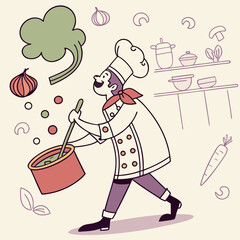 Confident chef stirs an empty pot with whimsical flair, a humorous culinary preparation illustration.