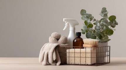 Cleaning supplies are neatly arranged in a wire basket on a neutral backdrop. The basket includes gloves, spray bottles, brushes, and a plant. Soft lighting highlights the scene