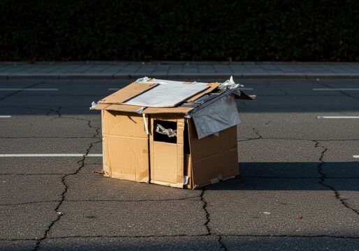 A fragile, makeshift dwelling sits on the cracked urban pavement. Salvaged materials, including cardboard and plastic sheeting, form a temporary street refuge, shelter, reality, dwelling