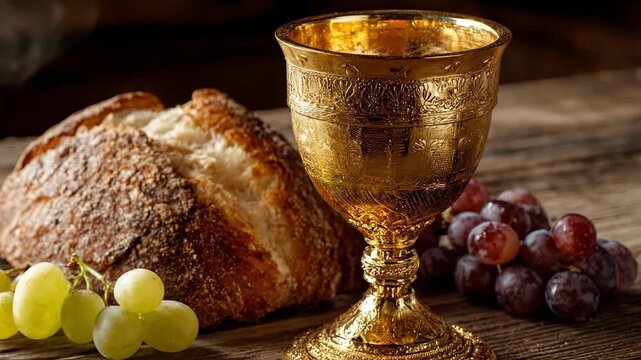 A golden chalice beside fresh bread and grapes on a rustic wooden table.