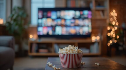 A warm home cinema is set for a movie night, featuring a striped popcorn bucket in focus. The TV screen displays blurred thumbnails of streaming content, creating an inviting atmosphere