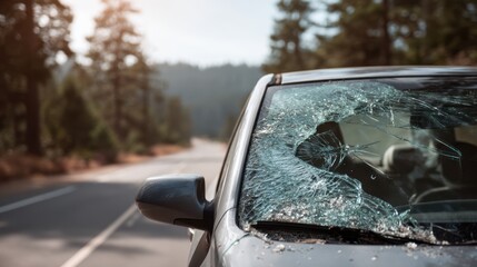 A damaged car sits on an empty road after an accident. Broken glass is scattered around the vehicle, indicating a recent collision. It is daylight, and the area is isolated