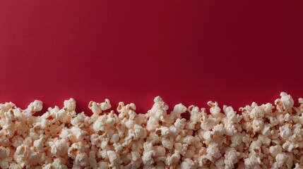 Bright red background features a flat lay of popcorn along the bottom edge. The empty space above allows for text or designs. Studio lighting highlights the popcorn texture