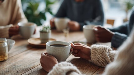People sit around a wooden table sharing coffee. Hands hold cups in a cozy cafe setting. Friends connect over drinks in a warm atmosphere