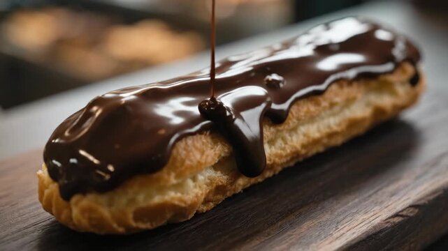 Close-up of a chocolate eclair with a rich chocolate drizzle.