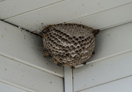 Close up of a large gray wasp nest built under the eaves and roofline of a residential dwelling, illustrating a serious infestation problem, nest, structure, house