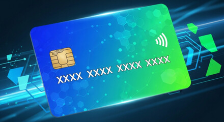 Contactless credit card with gold chip on blue and green gradient background with circuit board design