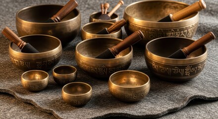 Assortment of antique metal percussion instruments rests upon a textured fabric surface