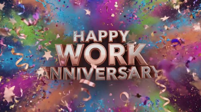 Happy Work Anniversary! 3D Text with Colorful Explosions and Confetti