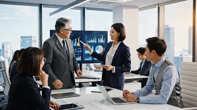 Diverse business team collaborating in a modern office meeting room with city
