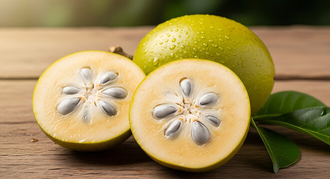 Ara&ccedil;a whole fruit next to half cut highlighting pale yellow flesh and aromatic texture