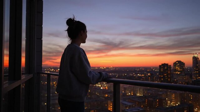 Woman with hair bun watching a beautiful sunset over a city skyline from a high-rise balcony, enjoying the panoramic urban view at dusk.