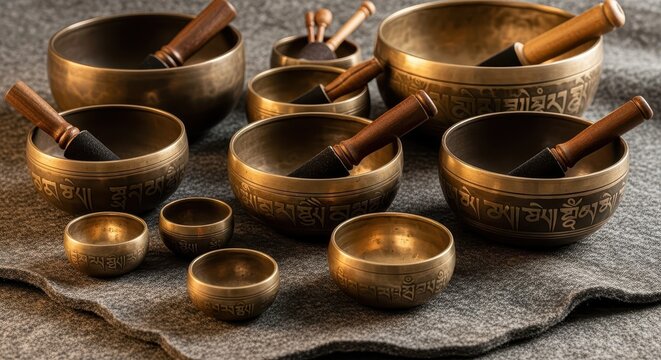 Assortment of antique metal percussion instruments rests upon a textured fabric surface