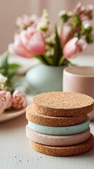 Cork coasters are stacked on a table. Nearby, there are flowers in a vase and a cup. The scene shows a birthday celebration. Soft colors create a warm atmosphere