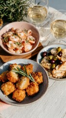 Hands serve appetizers like shrimp, olives, and fried bites at a casual gathering. The scene shows a relaxed moment among friends enjoying good food and drinks outside