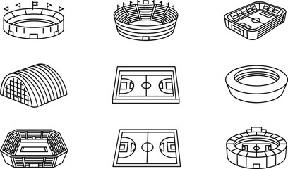 Stadium and Sports Arena Line Icon Set with Football Fields, Basketball Courts, Olympic Venues, and Outdoor Event Facilities in Isometric Outline Vector Design © Rifat