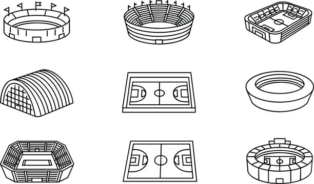 Stadium and Sports Arena Line Icon Set with Football Fields, Basketball Courts, Olympic Venues, and Outdoor Event Facilities in Isometric Outline Vector Design