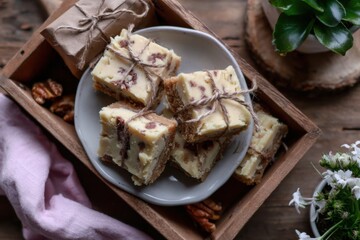 Fudge is placed on a simple plate and tied with twine. The scene includes a small green plant and natural wood elements. There are pieces of fudge and a brown package nearby