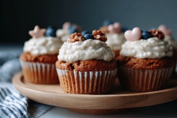 Cupcakes topped with sweet cream and colorful paper toppers rest on a wooden plate. The scene takes place in a bright kitchen. Afternoon light fills the space