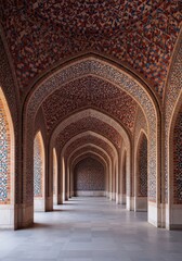 Historical view of an elaborate eastern arcade hallway, showcasing patterned stone walls, vaulted ceilings, and symmetrical arched openings, passage, architecture, ruin