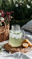 A glass dispenser holds lemonade with ice and mint. Fresh lemons sit next to it on a woven mat. A basket with flowers is nearby. The setting is bright and invites summer enjoyment