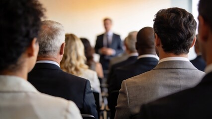 Diverse business audience attending professional conference seminar,listening to keynote speaker in modern meeting hall,corporate education,leadership,networking and career growth concept